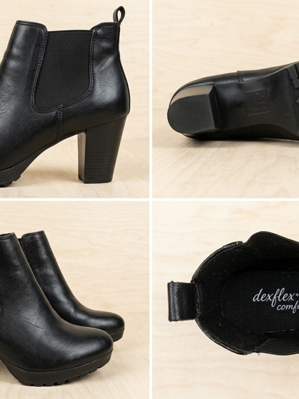 dexflex comfort Black Faux Leather Chelsea Block Heel Ankle Boots